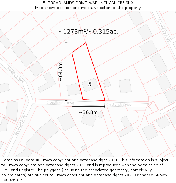 5, BROADLANDS DRIVE, WARLINGHAM, CR6 9HX: Plot and title map