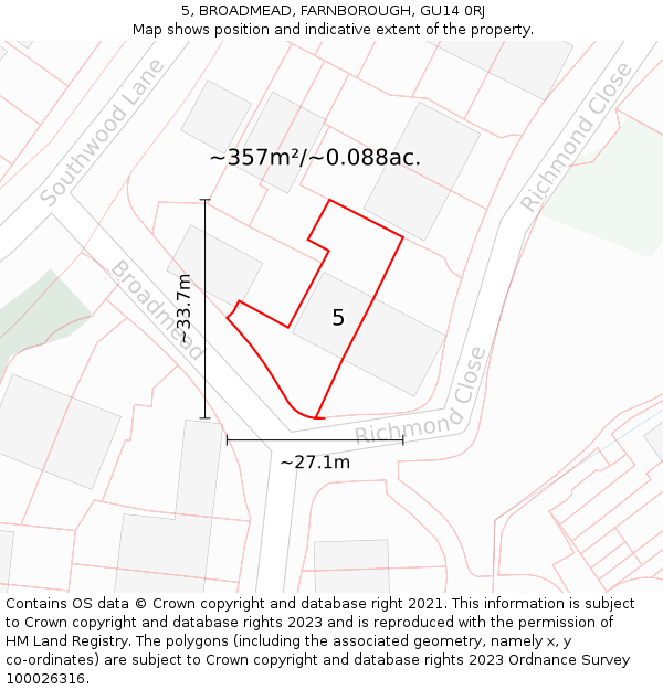 5, BROADMEAD, FARNBOROUGH, GU14 0RJ: Plot and title map