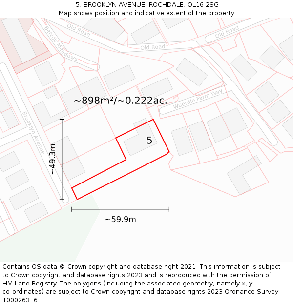 5, BROOKLYN AVENUE, ROCHDALE, OL16 2SG: Plot and title map