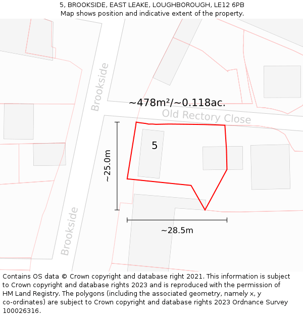 5, BROOKSIDE, EAST LEAKE, LOUGHBOROUGH, LE12 6PB: Plot and title map