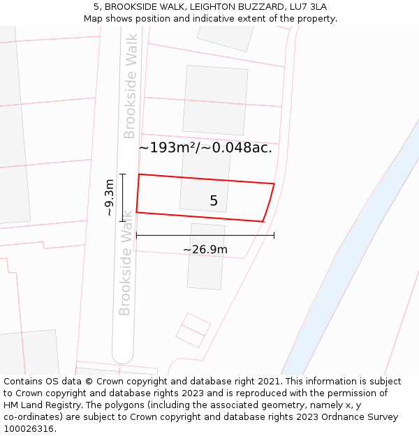 5, BROOKSIDE WALK, LEIGHTON BUZZARD, LU7 3LA: Plot and title map