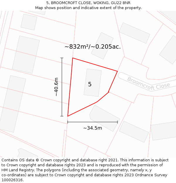 5, BROOMCROFT CLOSE, WOKING, GU22 8NR: Plot and title map