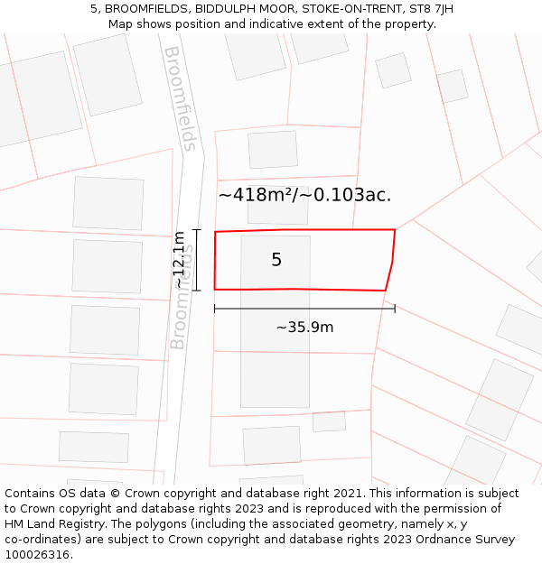 5, BROOMFIELDS, BIDDULPH MOOR, STOKE-ON-TRENT, ST8 7JH: Plot and title map