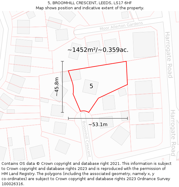5, BROOMHILL CRESCENT, LEEDS, LS17 6HF: Plot and title map
