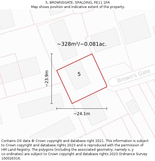 5, BROWNSGATE, SPALDING, PE11 1PA: Plot and title map