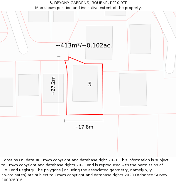 5, BRYONY GARDENS, BOURNE, PE10 9TE: Plot and title map