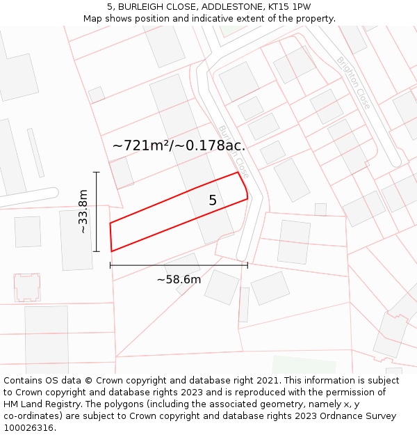 5, BURLEIGH CLOSE, ADDLESTONE, KT15 1PW: Plot and title map