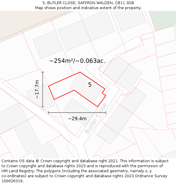 5, BUTLER CLOSE, SAFFRON WALDEN, CB11 3DB: Plot and title map