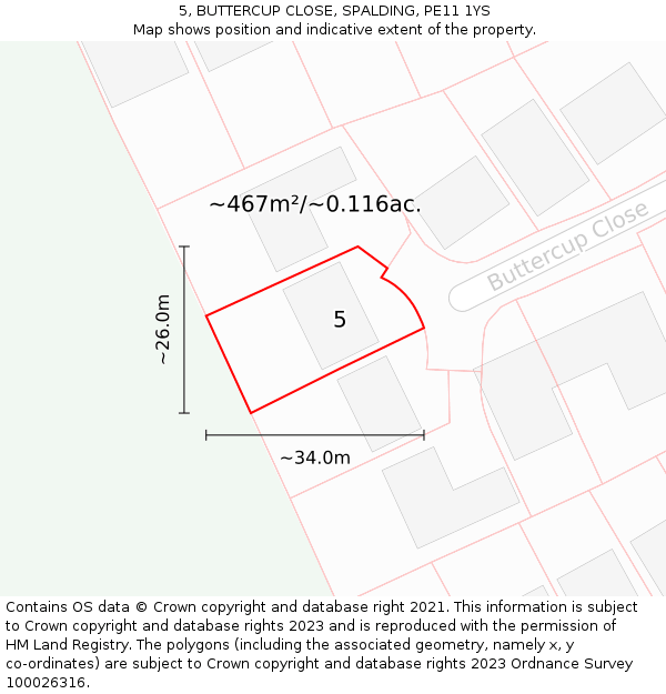 5, BUTTERCUP CLOSE, SPALDING, PE11 1YS: Plot and title map