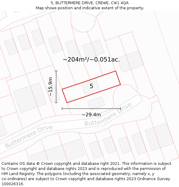 5, BUTTERMERE DRIVE, CREWE, CW1 4QA: Plot and title map