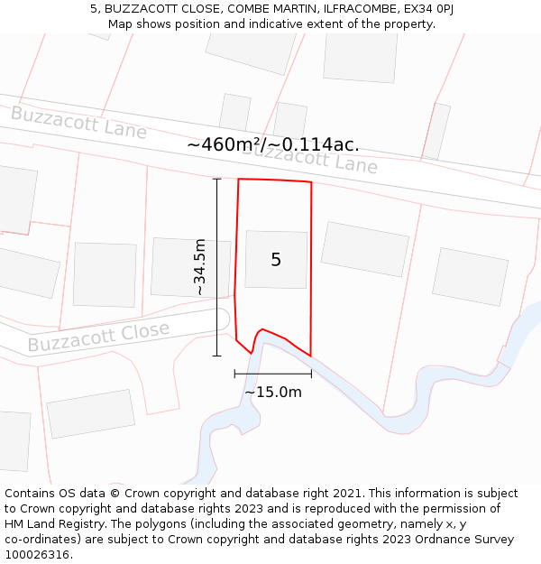 5, BUZZACOTT CLOSE, COMBE MARTIN, ILFRACOMBE, EX34 0PJ: Plot and title map