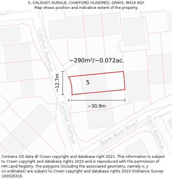 5, CALSHOT AVENUE, CHAFFORD HUNDRED, GRAYS, RM16 6QY: Plot and title map