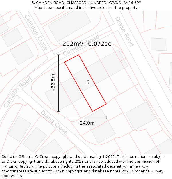 5, CAMDEN ROAD, CHAFFORD HUNDRED, GRAYS, RM16 6PY: Plot and title map