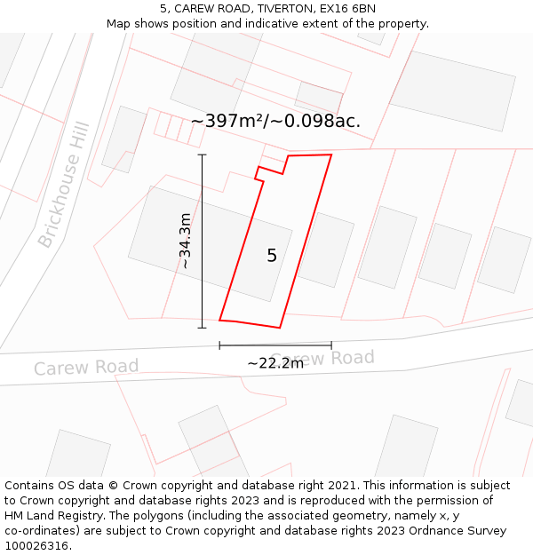 5, CAREW ROAD, TIVERTON, EX16 6BN: Plot and title map
