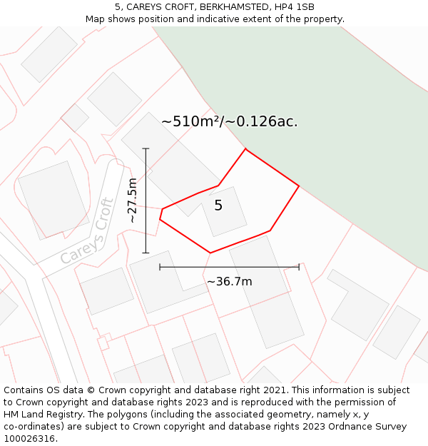 5, CAREYS CROFT, BERKHAMSTED, HP4 1SB: Plot and title map