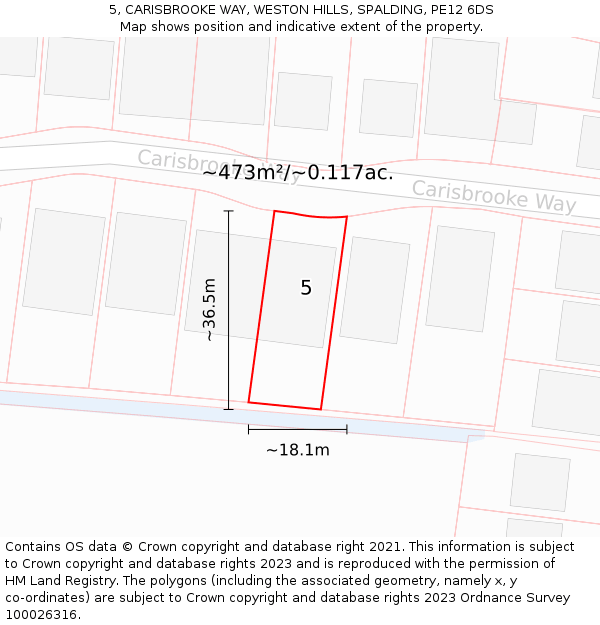 5, CARISBROOKE WAY, WESTON HILLS, SPALDING, PE12 6DS: Plot and title map