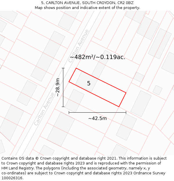 5, CARLTON AVENUE, SOUTH CROYDON, CR2 0BZ: Plot and title map