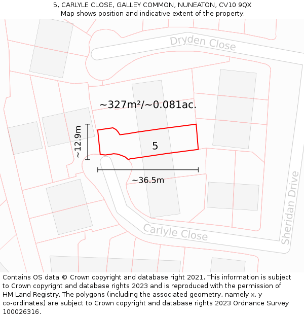 5, CARLYLE CLOSE, GALLEY COMMON, NUNEATON, CV10 9QX: Plot and title map