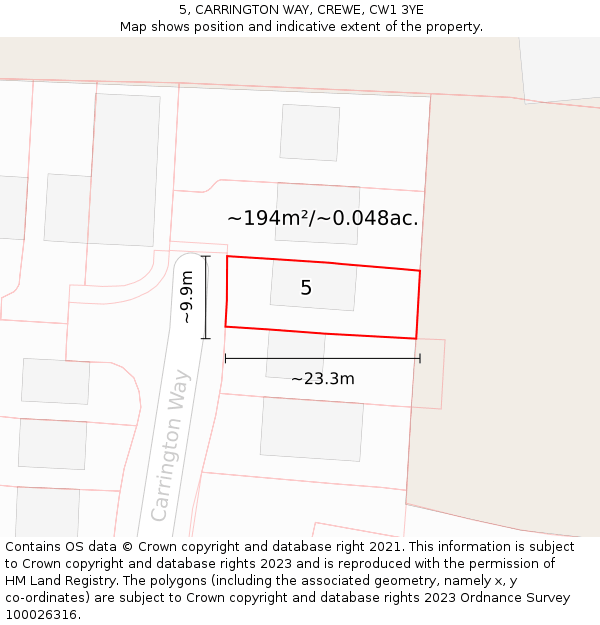 5, CARRINGTON WAY, CREWE, CW1 3YE: Plot and title map