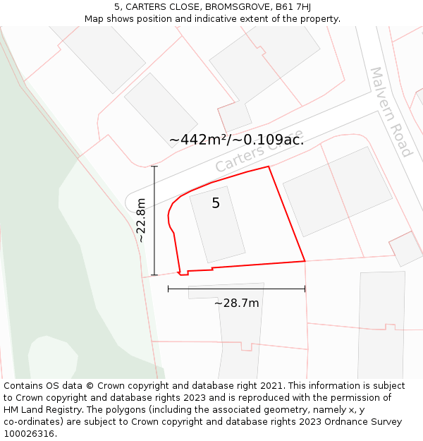 5, CARTERS CLOSE, BROMSGROVE, B61 7HJ: Plot and title map