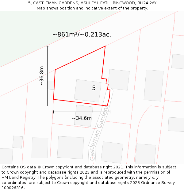 5, CASTLEMAN GARDENS, ASHLEY HEATH, RINGWOOD, BH24 2AY: Plot and title map