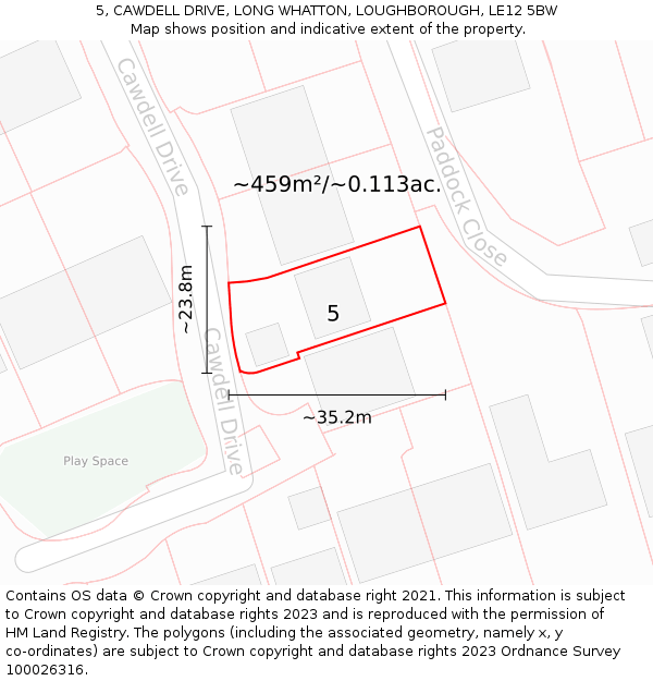 5, CAWDELL DRIVE, LONG WHATTON, LOUGHBOROUGH, LE12 5BW: Plot and title map