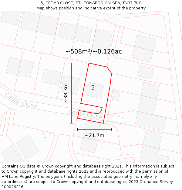 5, CEDAR CLOSE, ST LEONARDS-ON-SEA, TN37 7HR: Plot and title map