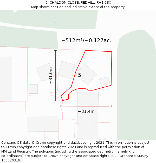 5, CHALDON CLOSE, REDHILL, RH1 6SX: Plot and title map