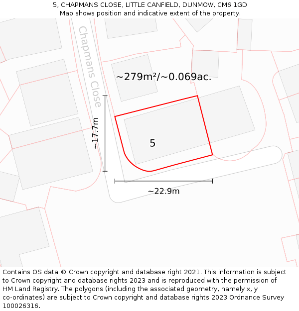 5, CHAPMANS CLOSE, LITTLE CANFIELD, DUNMOW, CM6 1GD: Plot and title map