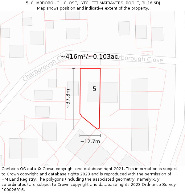 5, CHARBOROUGH CLOSE, LYTCHETT MATRAVERS, POOLE, BH16 6DJ: Plot and title map