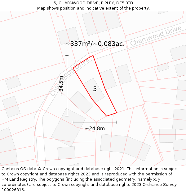 5, CHARNWOOD DRIVE, RIPLEY, DE5 3TB: Plot and title map