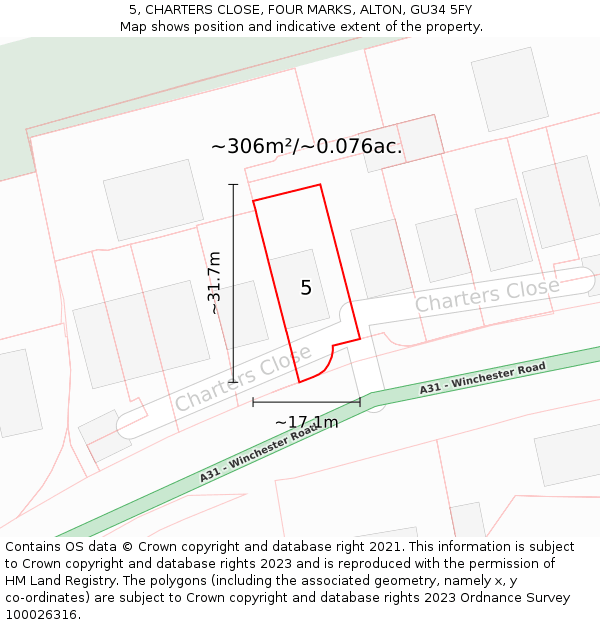 5, CHARTERS CLOSE, FOUR MARKS, ALTON, GU34 5FY: Plot and title map