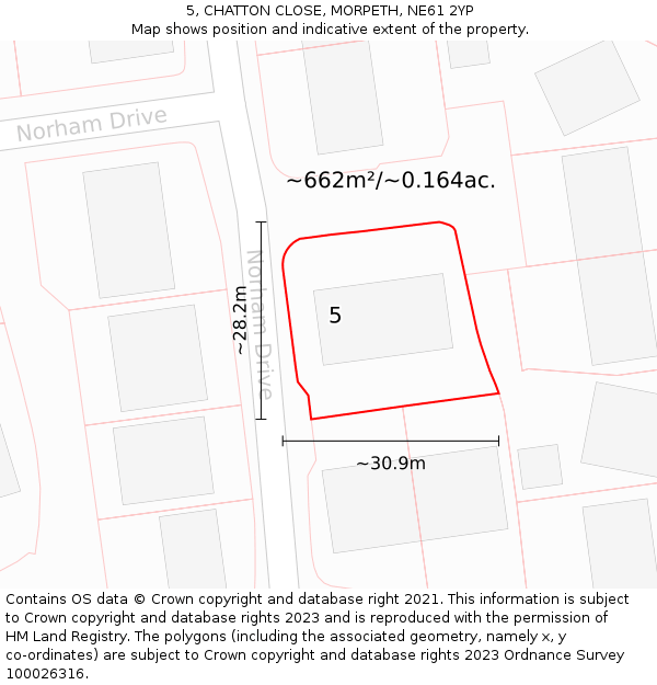 5, CHATTON CLOSE, MORPETH, NE61 2YP: Plot and title map