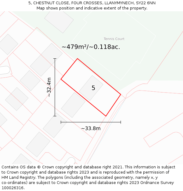 5, CHESTNUT CLOSE, FOUR CROSSES, LLANYMYNECH, SY22 6NN: Plot and title map