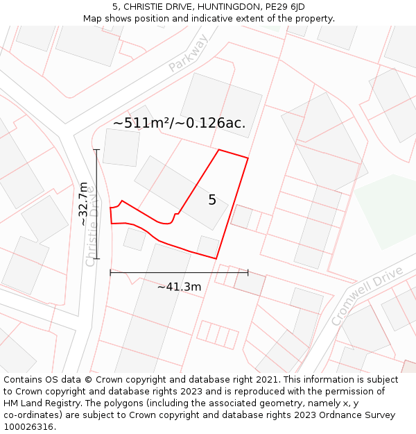 5, CHRISTIE DRIVE, HUNTINGDON, PE29 6JD: Plot and title map