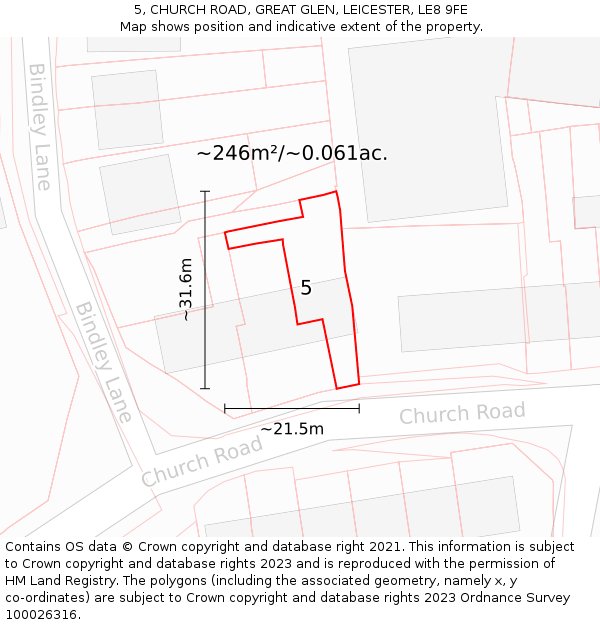 5, CHURCH ROAD, GREAT GLEN, LEICESTER, LE8 9FE: Plot and title map