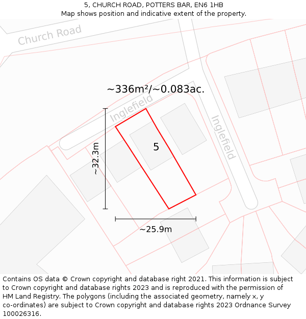 5, CHURCH ROAD, POTTERS BAR, EN6 1HB: Plot and title map