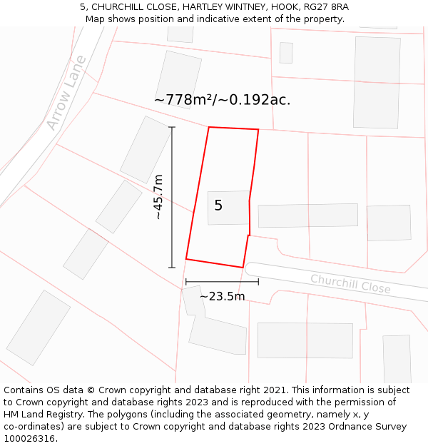 5, CHURCHILL CLOSE, HARTLEY WINTNEY, HOOK, RG27 8RA: Plot and title map
