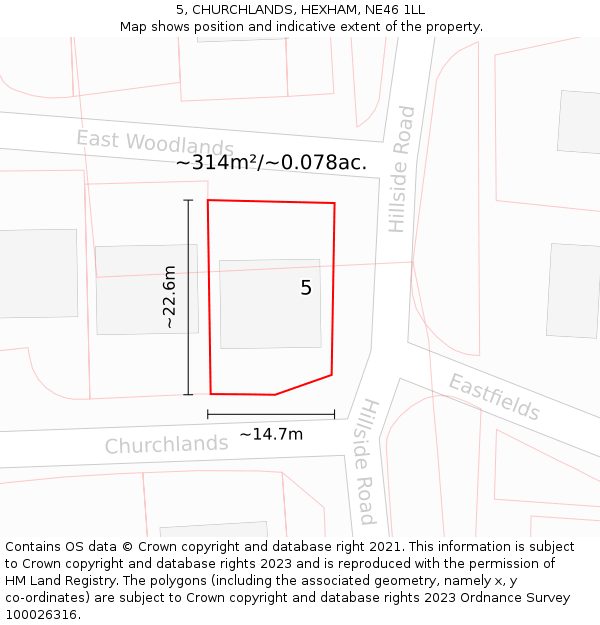 5, CHURCHLANDS, HEXHAM, NE46 1LL: Plot and title map