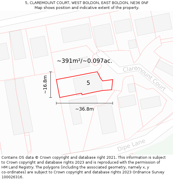 5, CLAREMOUNT COURT, WEST BOLDON, EAST BOLDON, NE36 0NF: Plot and title map