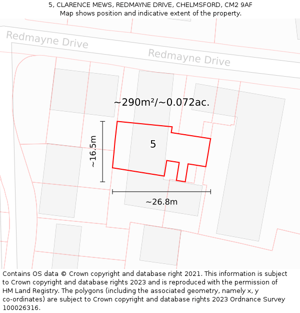 5, CLARENCE MEWS, REDMAYNE DRIVE, CHELMSFORD, CM2 9AF: Plot and title map