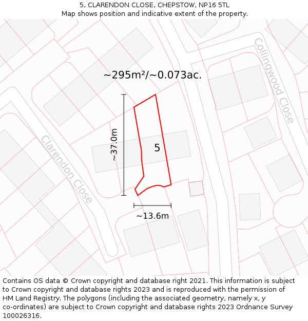 5, CLARENDON CLOSE, CHEPSTOW, NP16 5TL: Plot and title map