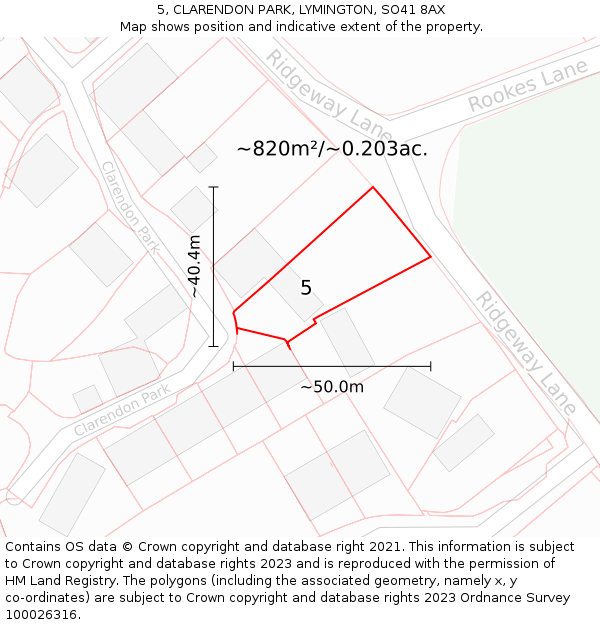 5, CLARENDON PARK, LYMINGTON, SO41 8AX: Plot and title map