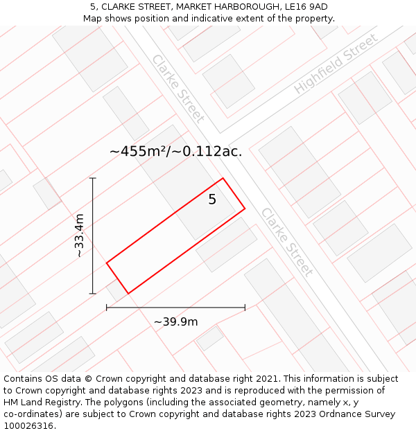 5, CLARKE STREET, MARKET HARBOROUGH, LE16 9AD: Plot and title map