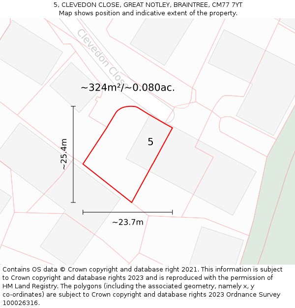 5, CLEVEDON CLOSE, GREAT NOTLEY, BRAINTREE, CM77 7YT: Plot and title map