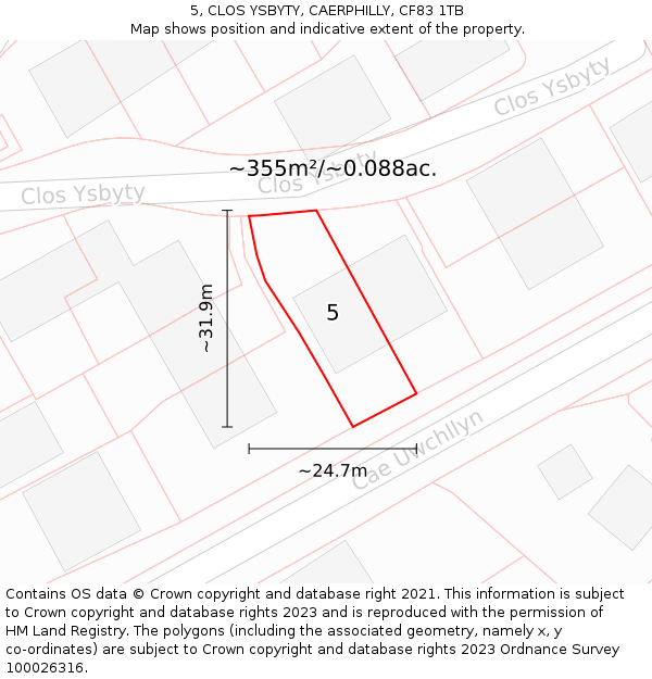 5, CLOS YSBYTY, CAERPHILLY, CF83 1TB: Plot and title map