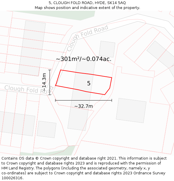 5, CLOUGH FOLD ROAD, HYDE, SK14 5AQ: Plot and title map