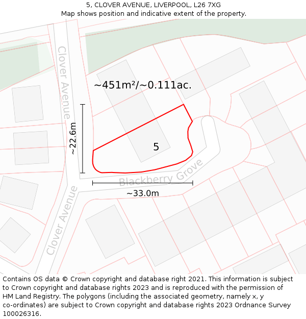 5, CLOVER AVENUE, LIVERPOOL, L26 7XG: Plot and title map