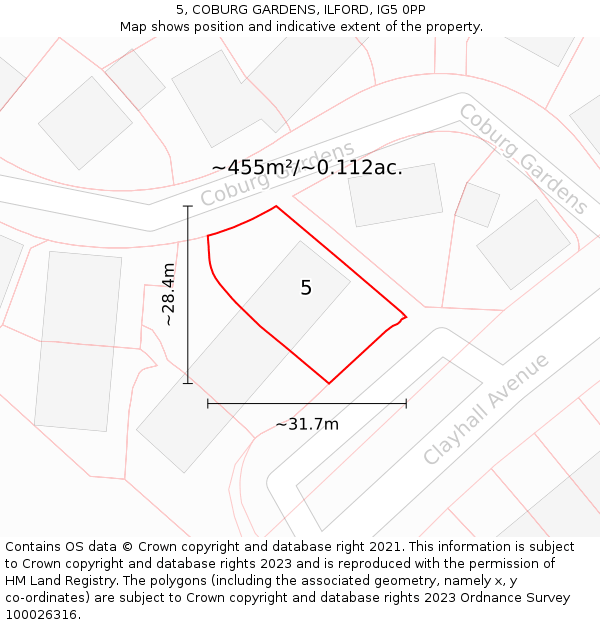 5, COBURG GARDENS, ILFORD, IG5 0PP: Plot and title map