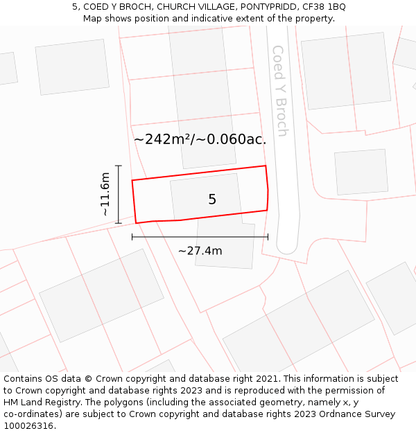 5, COED Y BROCH, CHURCH VILLAGE, PONTYPRIDD, CF38 1BQ: Plot and title map